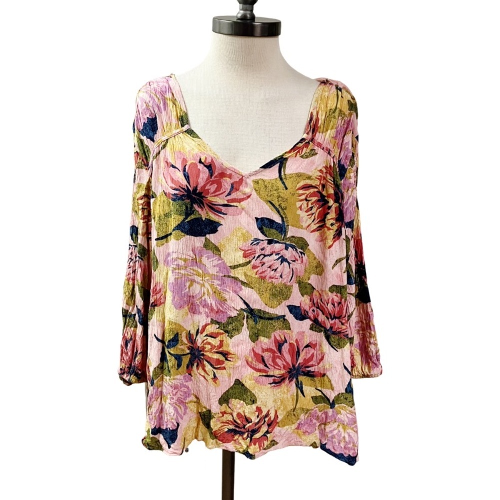 Terra Sky Woman’s Floral Watercolor Crinkle Blouse Flowy PLUS Sz 1X 16W-18W Pink